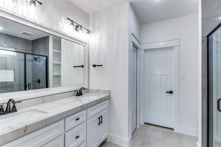 Bathroom featuring double vanity, a shower stall, visible vents, and a sink