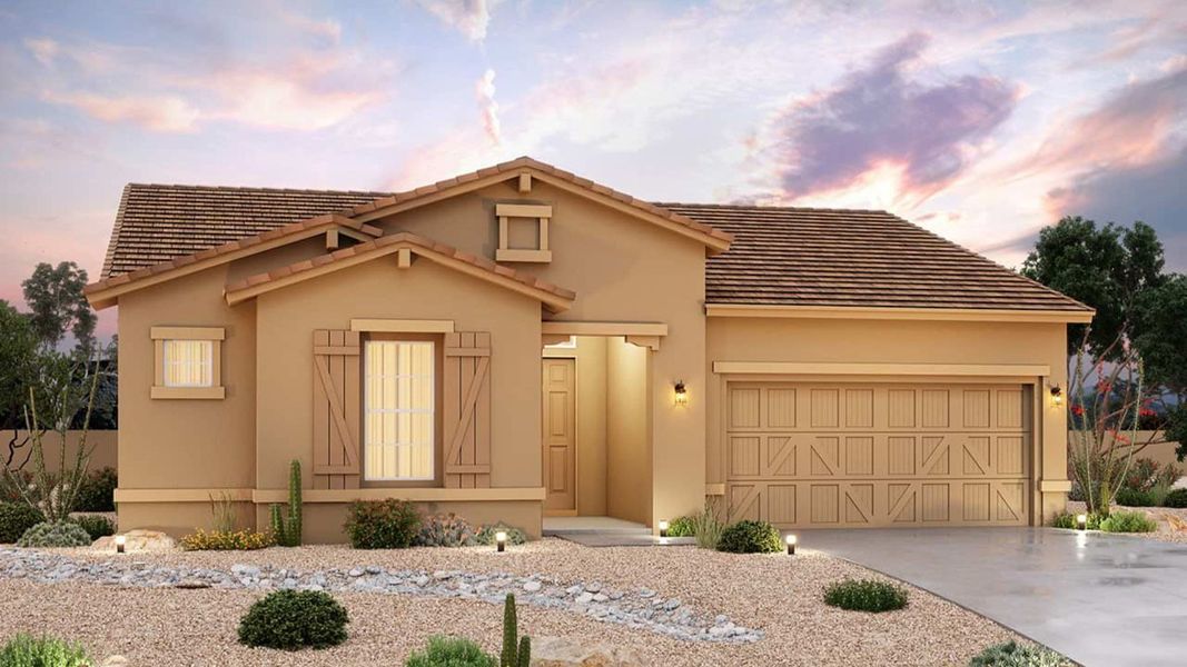 Representative exterior photo of a completed home built from the Amethyst by Brightland Homes in Mirada Crossing, Goodyear, AZ (Image 2). Representative exterior photo of a completed home built from the Amethyst by Brightland Homes in Mirada Crossing, Goodyear, AZ (Image 2).