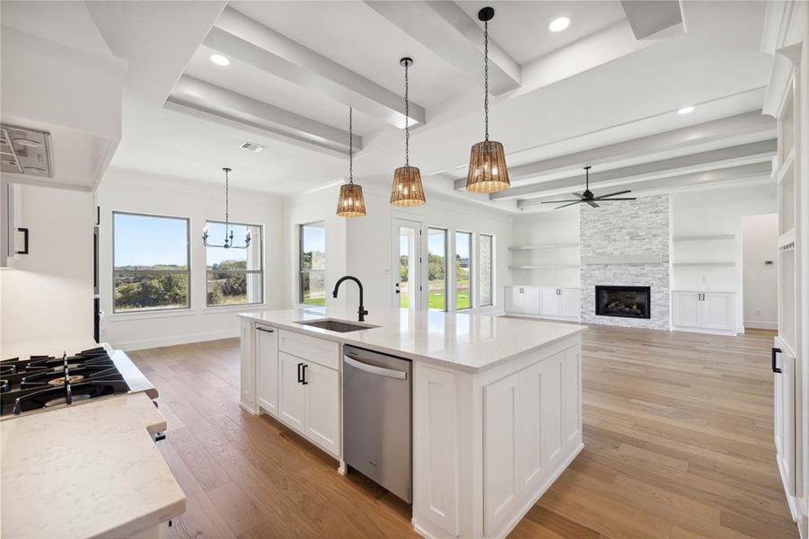 Kitchen with light wood-type flooring, stainless steel dishwasher, light stone counters, sink, and white cabinetry