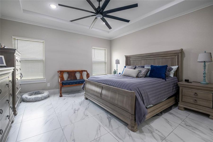 primary bathroom with stand alone tub