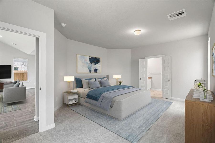 Recharge in the opulent primary suite after a demanding day! Luxuriate in the plush carpeting, soothing paint palette, elevated ceilings, and expansive windows equipped with privacy blinds. Virtually staged.