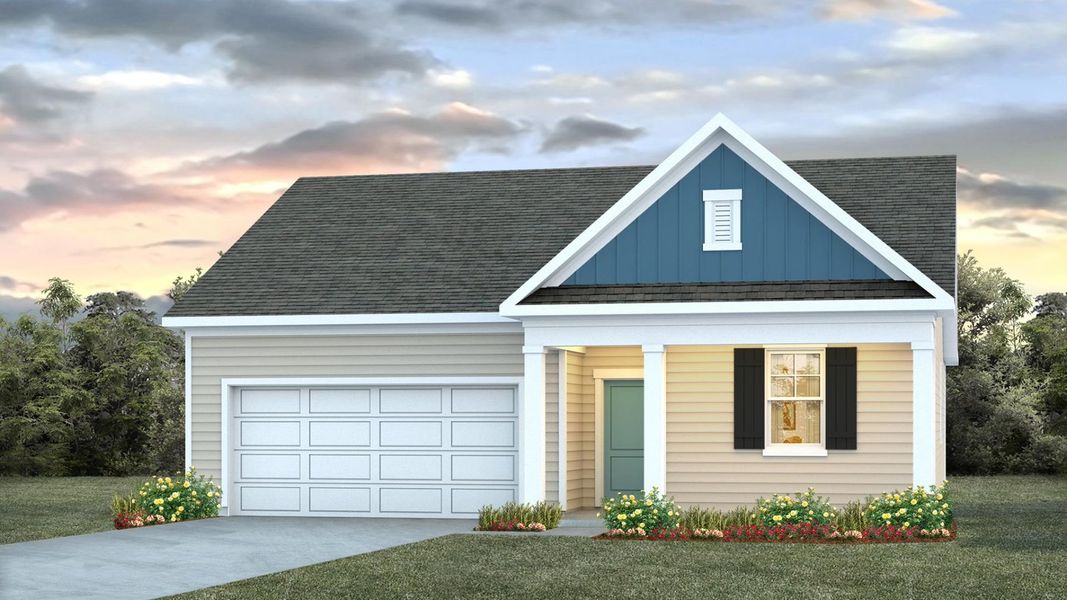 Representative exterior photo of a completed home built from the CALI by D.R. Horton in Saltgrass Landing, Winnabow, NC (Image 1).