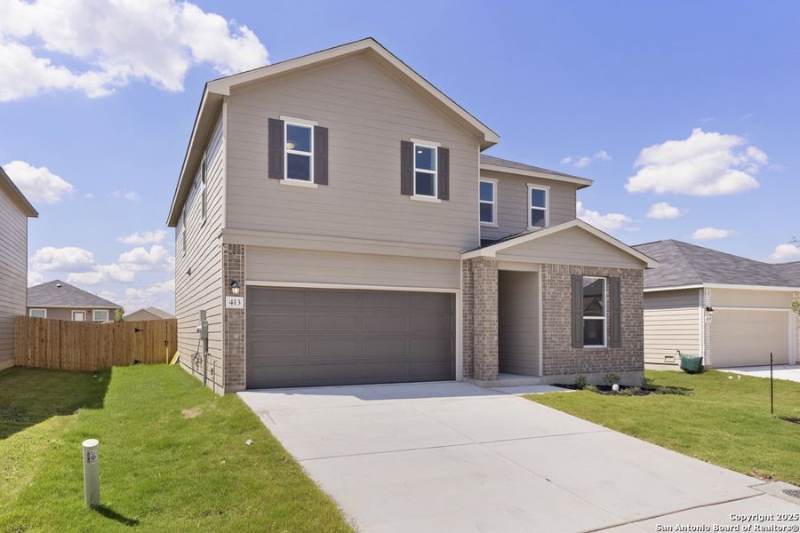 Front exterior of a new home in Woodside Farms, Seguin, TX, highlighting curb appeal (Image 15). Front exterior of a new home in Woodside Farms, Seguin, TX, highlighting curb appeal (Image 15).