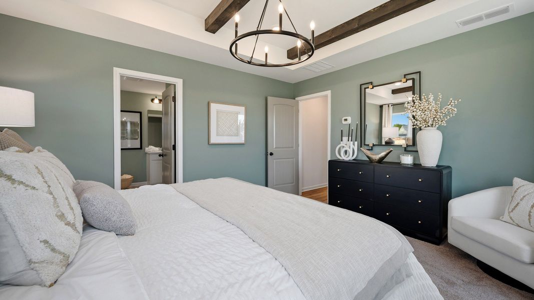 Bedroom with tray and accent ceiling, carpet and windows Bedroom with tray and accent ceiling, carpet and windows
