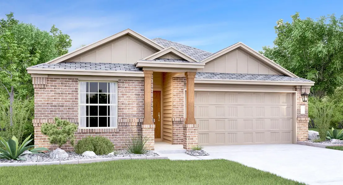 Front exterior of a new home in Meadowlark Preserve: Claremont Collection, Pflugerville, TX, highlighting curb appeal (Image 1).