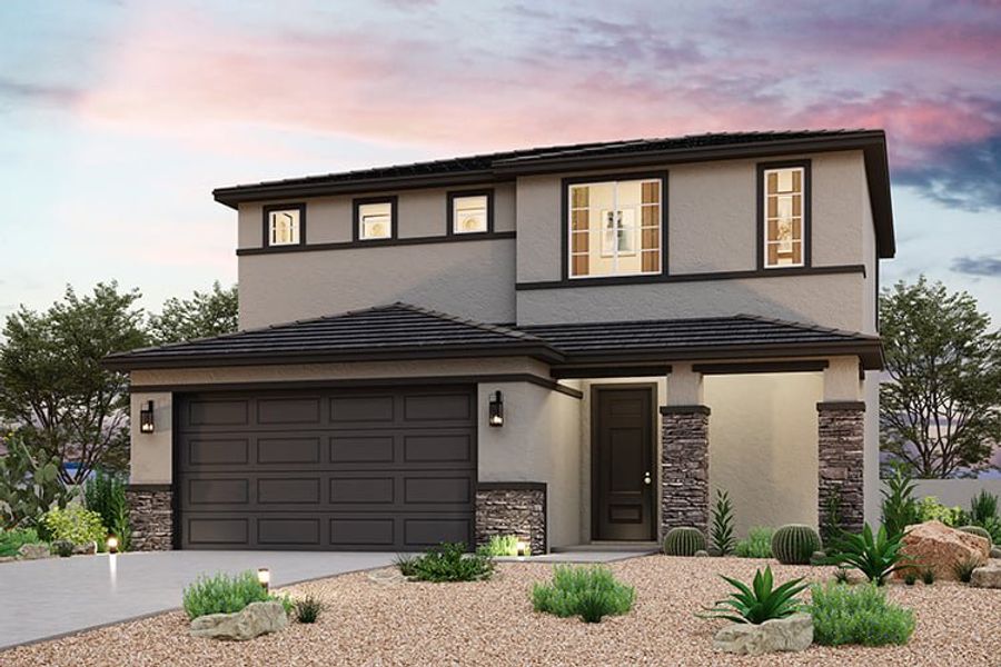 Front exterior of a new home in The Ridge Collection at Superstition Vista, Apache Junction, AZ, highlighting curb appeal (Image 1). Front exterior of a new home in The Ridge Collection at Superstition Vista, Apache Junction, AZ, highlighting curb appeal (Image 1).