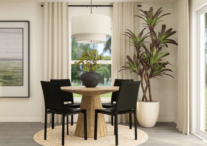 Rendering of a dining room with a round table and four chairs. Rendering of a dining room with a round table and four chairs.