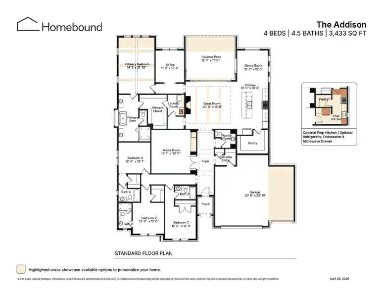 2D floor plan layout for the The Addison by Homebound in Park Place, Prosper, TX (Image 3).