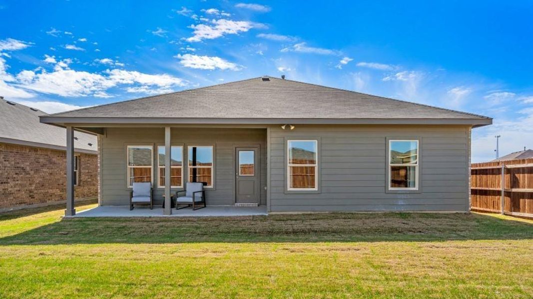 Rear Elevation and covered back Patio - All Home and community information, including pricing, included features, terms, availability and amenities, are subject to change at any time without notice or obligation. All Drawings, pictures, photographs, video, square footages, floor plans, elevations, features, colors and sizes are approximate for illustration purposes only and will vary from the homes as built.