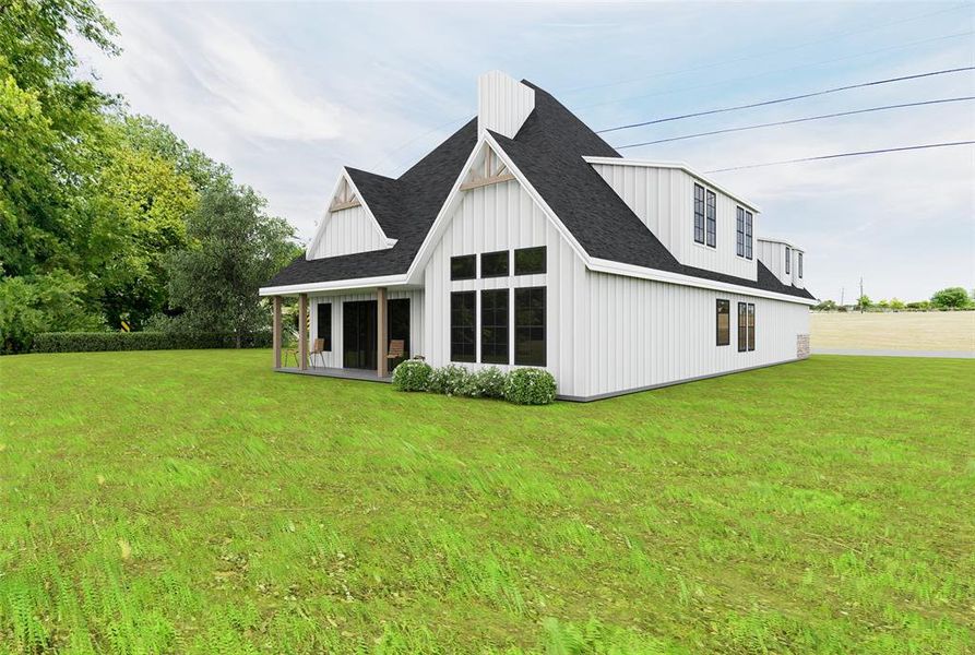 Modern farmhouse exterior featuring white board and batten siding, a dark pitched roof, and a covered porch with natural wood columns
