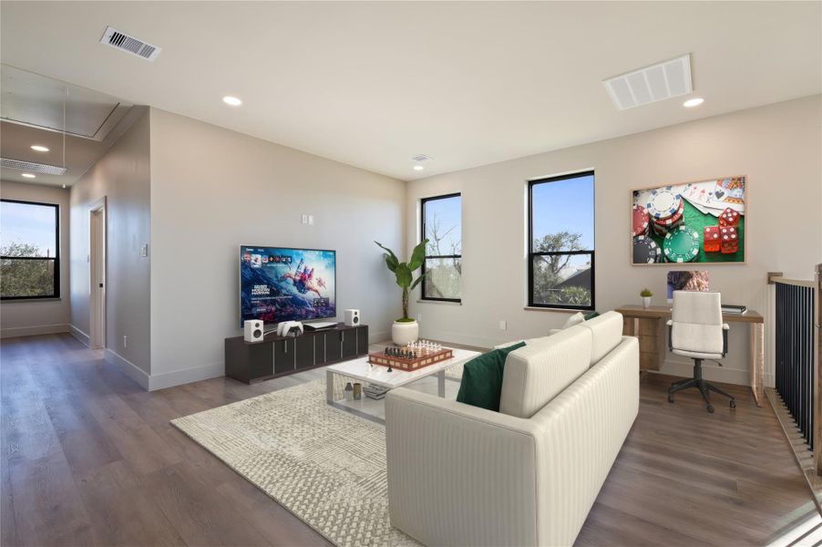 Upstairs flex room could be used as a game-room, home office or walls added for a 4th bedroom