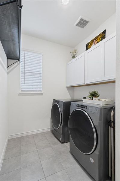 CTile in utility, storage cabinets above washer & dryer, hanging shelf-rack is negotiable.. there is also a closet in the utility room! Great for vacuums, etc