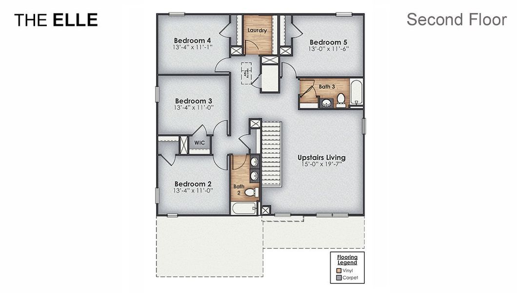 2D floor plan layout for the ELLE by D.R. Horton in Sidbury Station, Castle Hayne, NC (Image 4).