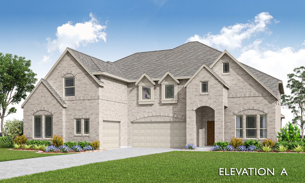 Two-story brick home with two-car garage, arched entry, and landscaped front yard, Elevation A