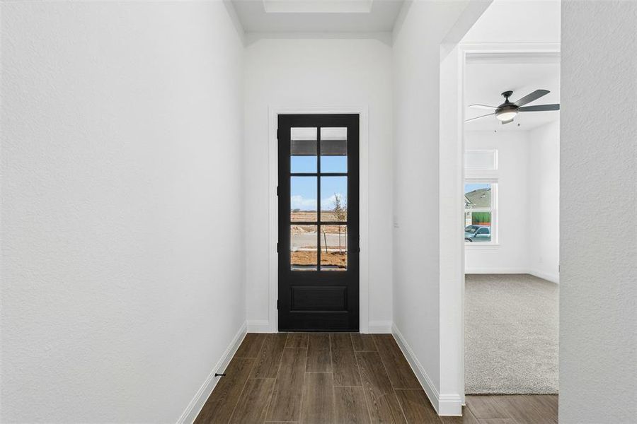 Entryway featuring a dark paneled door with glass inserts, wood-finish flooring, and white baseboards