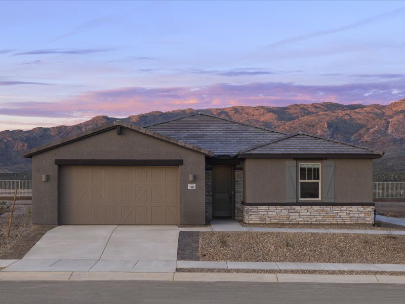 Front exterior of a new home in Summit at Rocking K, Tucson, AZ, highlighting curb appeal (Image 2). Front exterior of a new home in Summit at Rocking K, Tucson, AZ, highlighting curb appeal (Image 2).