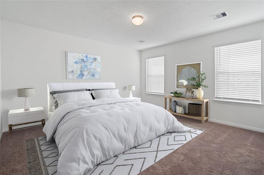 Come and unwind after a long day in this magnificent primary suite! This spacious room features plush carpet, warm paint, high ceilings and large windows with privacy blinds.