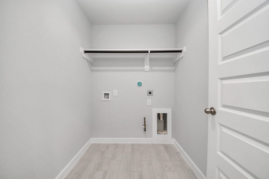 A perfect blend of functionality and comfort. Capture the essence of easy living with a first-floor laundry room, thoughtfully equipped with shelving for effortless organization. Both electric and gas connections available.