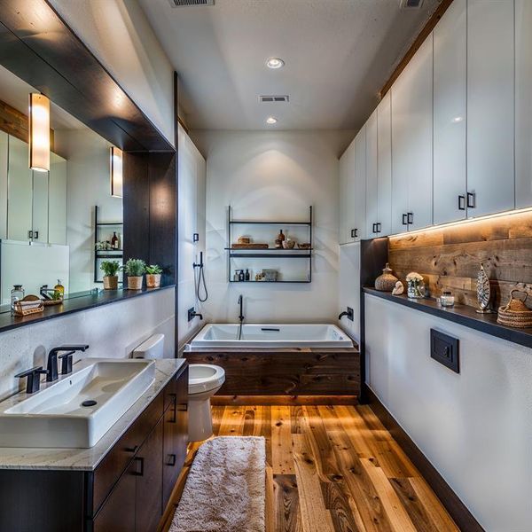 Full bath with visible vents, a garden tub, toilet, hardwood / wood-style flooring, and vanity