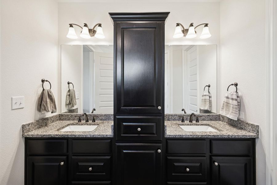 Full bath featuring double vanity and a textured wall Full bath featuring double vanity and a textured wall