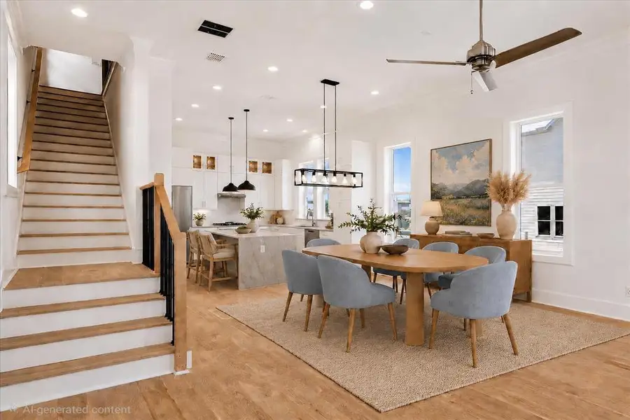 Open-concept living space featuring wood-finish flooring, a contemporary ceiling fan, recessed lighting, a modern kitchen with a large island, and a prominent staircase with wood handrails and black metal spindles