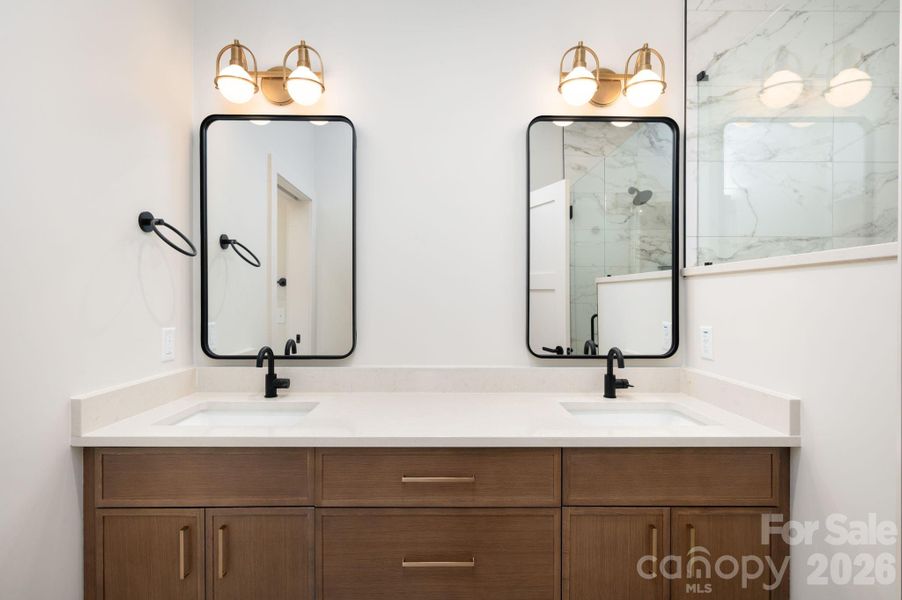 Ensuite Full Bath Features Quartz-Topped Double Vanity