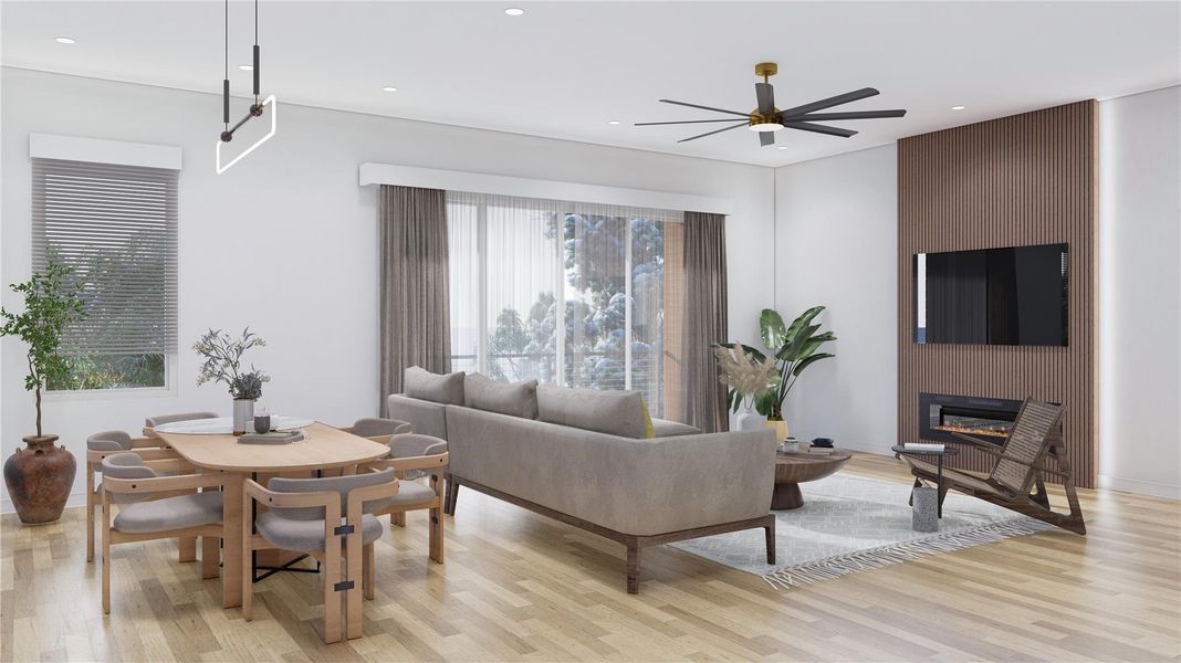 This is an inspirational virtual rendering of the living room and dining room - finishes are subject to change without notice. The fireplace with accent wall is an upgrade. This is an inspirational virtual rendering of the living room and dining room - finishes are subject to change without notice. The fireplace with accent wall is an upgrade.