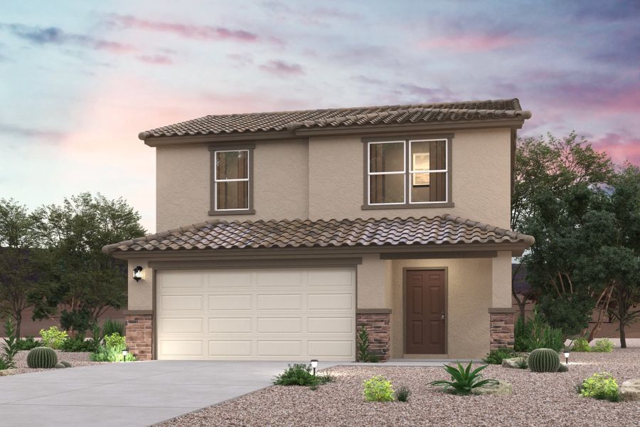 Front exterior of a new home in Entrada del Toro at Rancho Sahuarita, Sahuarita, AZ, highlighting curb appeal (Image 1). Front exterior of a new home in Entrada del Toro at Rancho Sahuarita, Sahuarita, AZ, highlighting curb appeal (Image 1).