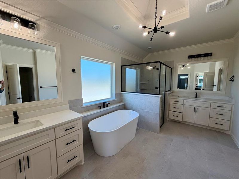Bathroom with a freestanding tub, a shower stall, two vanities, hanging lights, and crown molding Bathroom with a freestanding tub, a shower stall, two vanities, hanging lights, and crown molding