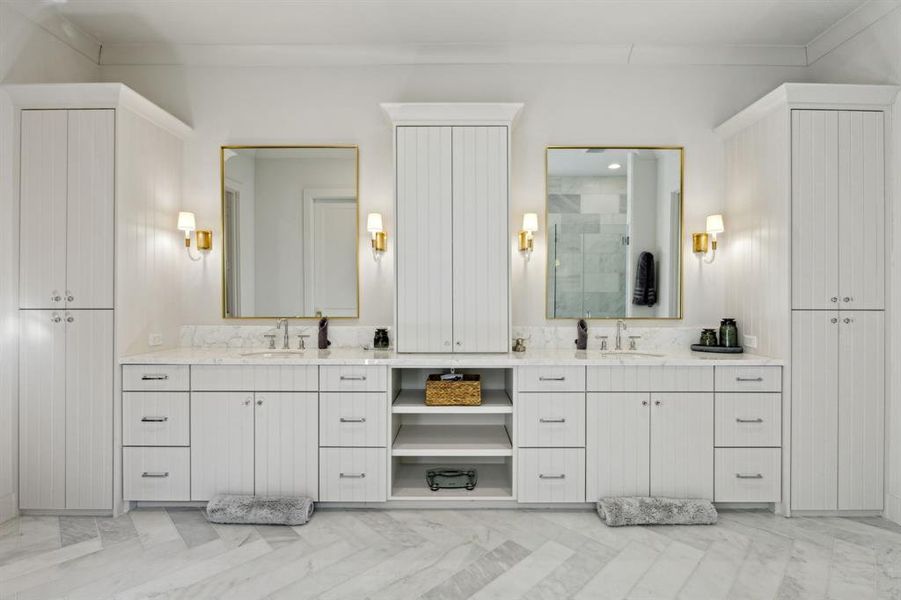 Full bathroom with two vanities, a tile shower, and a sink Full bathroom with two vanities, a tile shower, and a sink