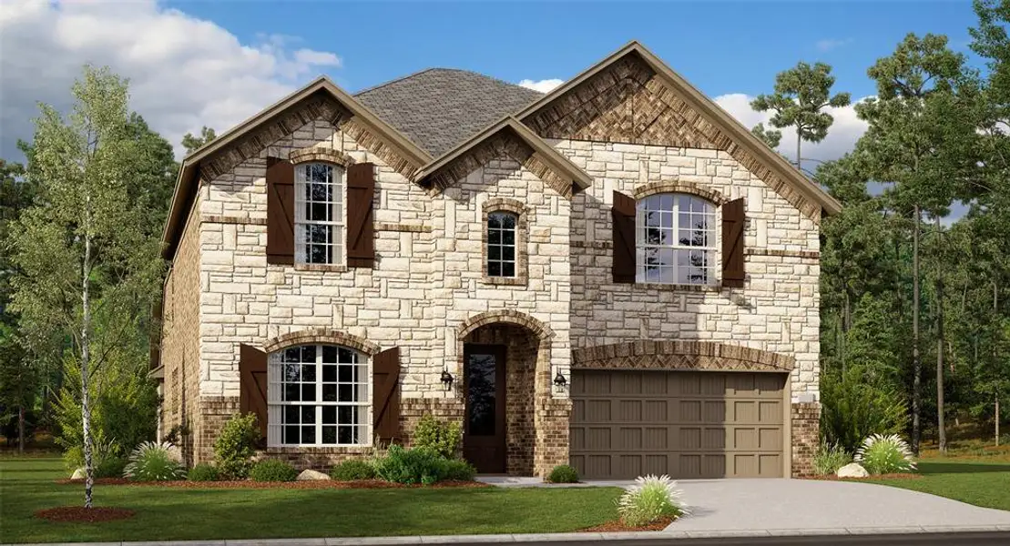 French country inspired facade with a garage and a front yard