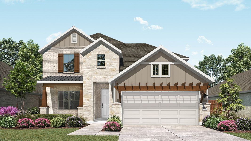Representative exterior photo of a completed home built from the Hickory by DRB Homes in Parkside on the River, Georgetown, TX (Image 6). Representative exterior photo of a completed home built from the Hickory by DRB Homes in Parkside on the River, Georgetown, TX (Image 6).