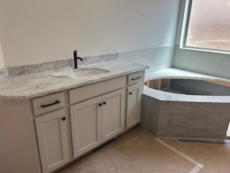 Main bathroom vanity and tub