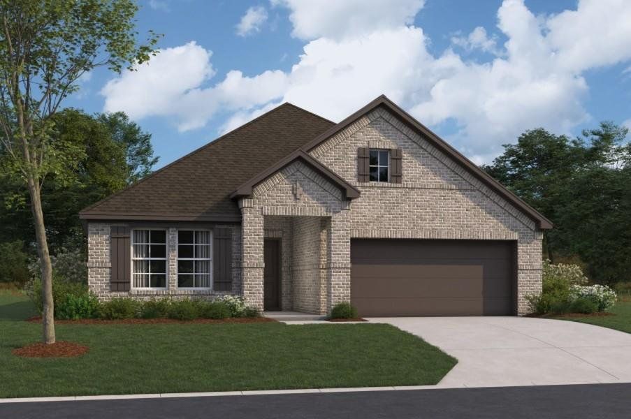 Front exterior of a new home in Hallimore Ranch, Rosenberg, TX, highlighting curb appeal (Image 1). Front exterior of a new home in Hallimore Ranch, Rosenberg, TX, highlighting curb appeal (Image 1).