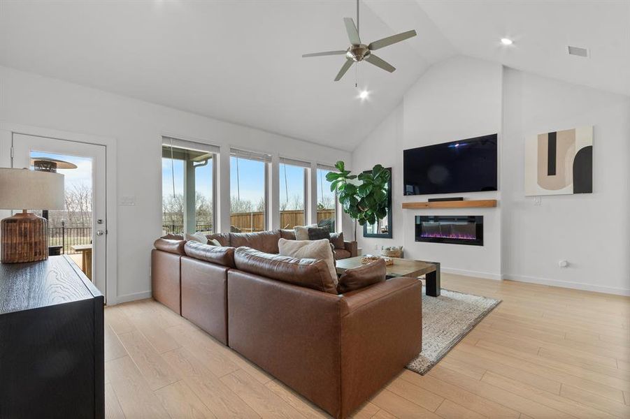 High ceilings and fireplace