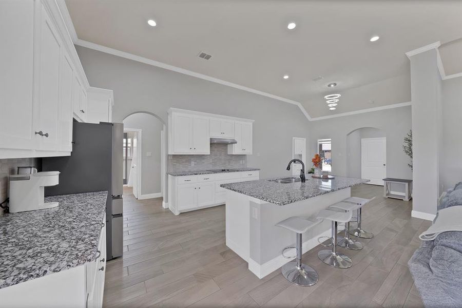 Kitchen with arched walkways, a sink, ornamental molding, under cabinet range hood, and white cabinetry Kitchen with arched walkways, a sink, ornamental molding, under cabinet range hood, and white cabinetry