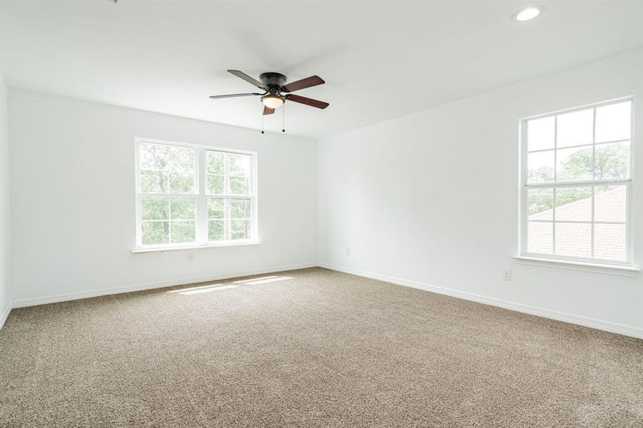 Carpeted empty room featuring ceiling fan and a wealth of natural light