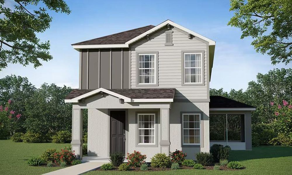 Front exterior of a new home in Estates at Hickory Cove - Bungalows, St. Cloud, FL, highlighting curb appeal (Image 1).