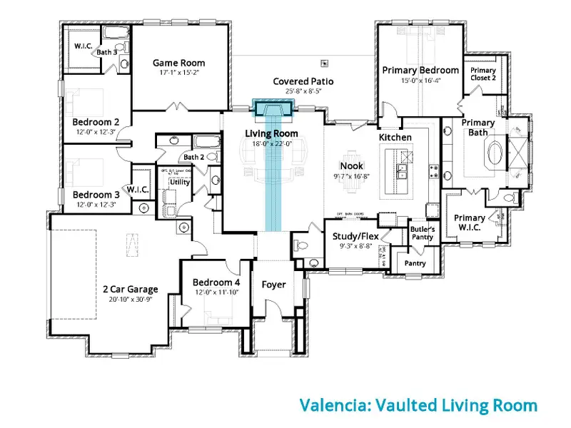 2D floor plan layout for the Valencia by John Houston Homes in Tuscan Estates, undefined, TX (Image 7). 2D floor plan layout for the Valencia by John Houston Homes in Tuscan Estates, undefined, TX (Image 7).