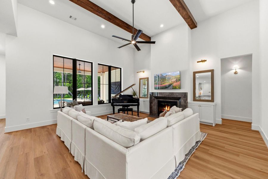 High ceilings and beam treatment in the family room High ceilings and beam treatment in the family room