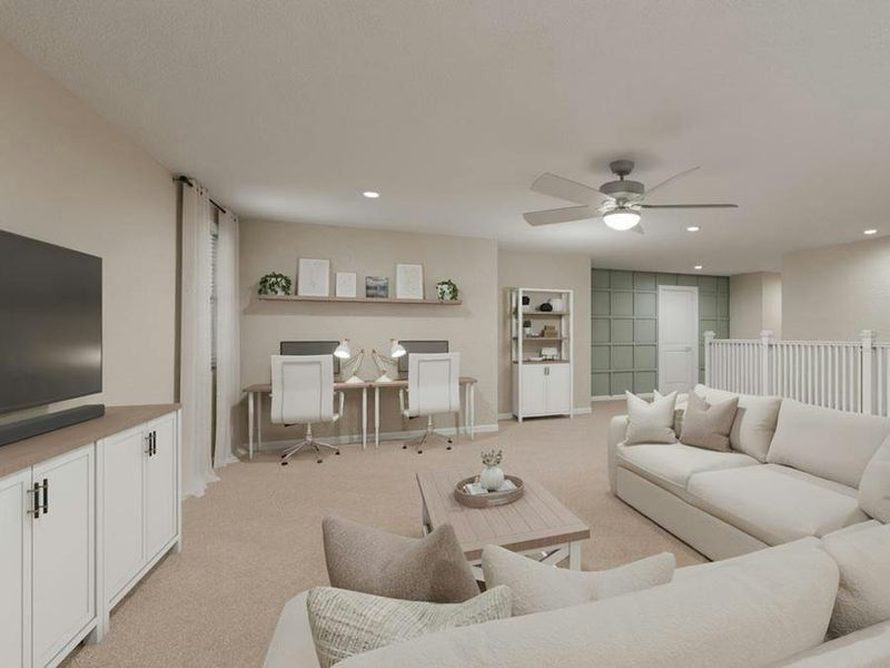 Upstairs, a large loft provides desirable flex-use space.
