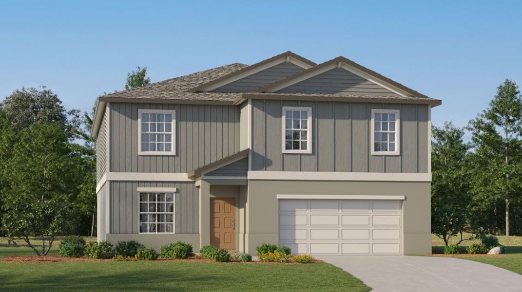 Front exterior of a new home in Curiosity Creek, Palmetto, FL, highlighting curb appeal (Image 1). Front exterior of a new home in Curiosity Creek, Palmetto, FL, highlighting curb appeal (Image 1).