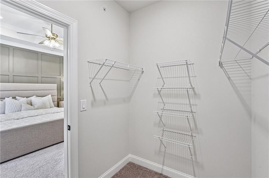 Walk in closet with light carpet