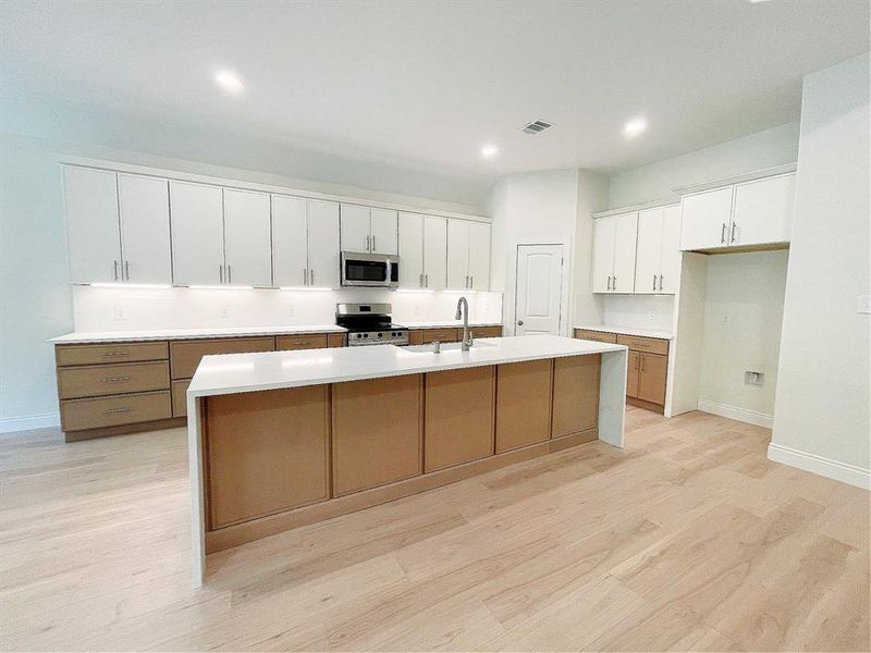 Luxury kitchen with waterfall quartz counters, under cabinet lighting, and open to the living room