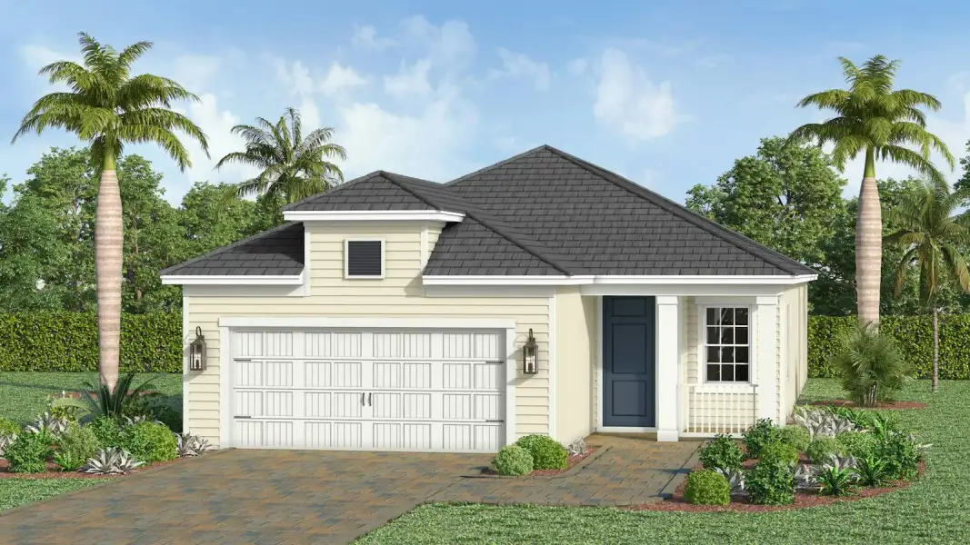 Front exterior of a new home in Kingston South Real Estate and Homes for Sale in Estero, FL - Neal Communities, Estero, FL, highlighting curb appeal (Image 21).