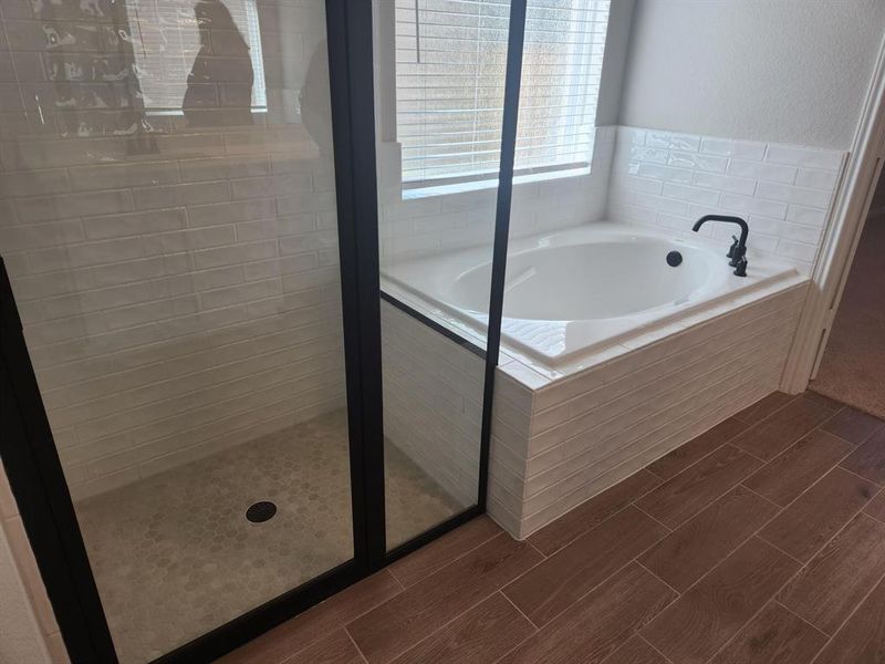 Walk-in shower and soaker tub in owner's bath