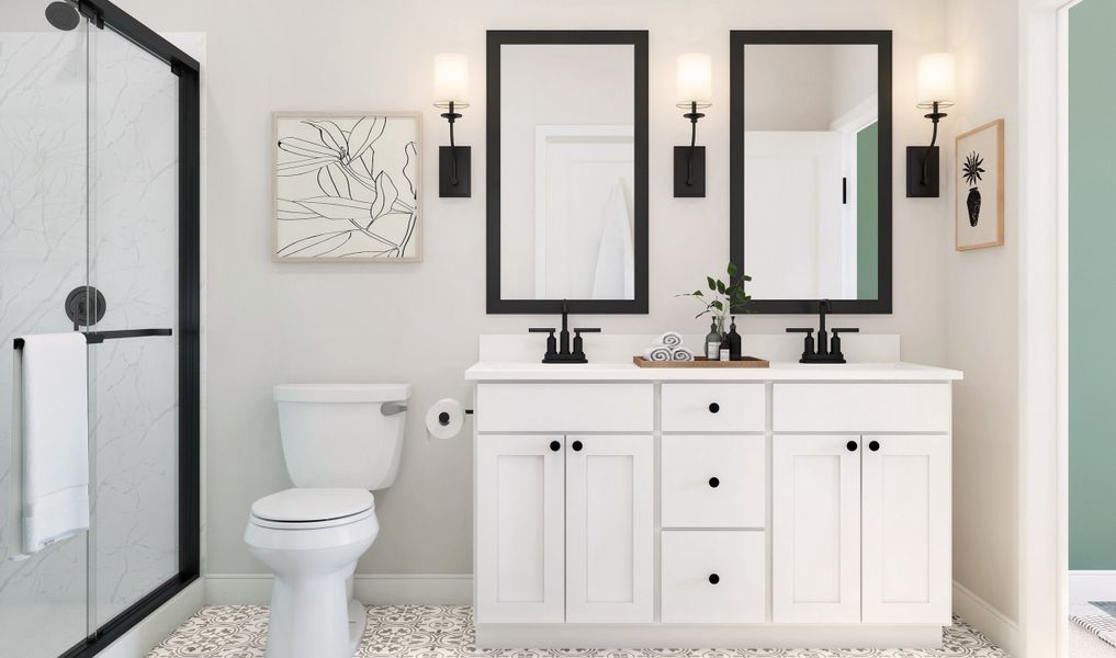 Primary bath with dual sinks and matte black fixtures throughout