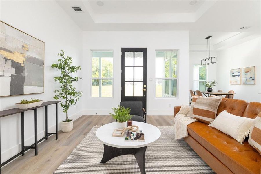 Living room featuring a healthy amount of sunlight, a raised ceiling, and light hardwood / wood-style flooring