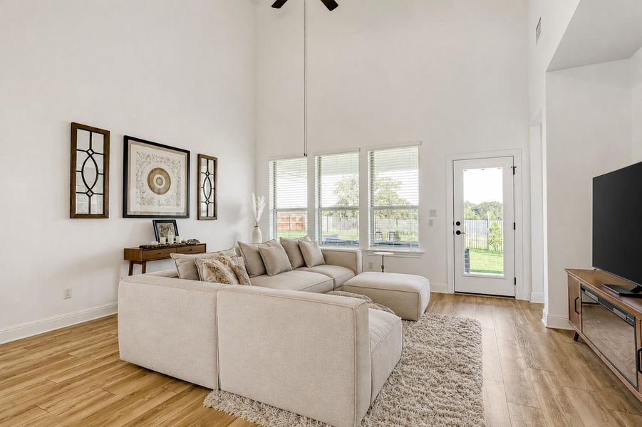 High ceilings and a wall of windows illuminate this inviting living area with a clear view to the private yard. High ceilings and a wall of windows illuminate this inviting living area with a clear view to the private yard.