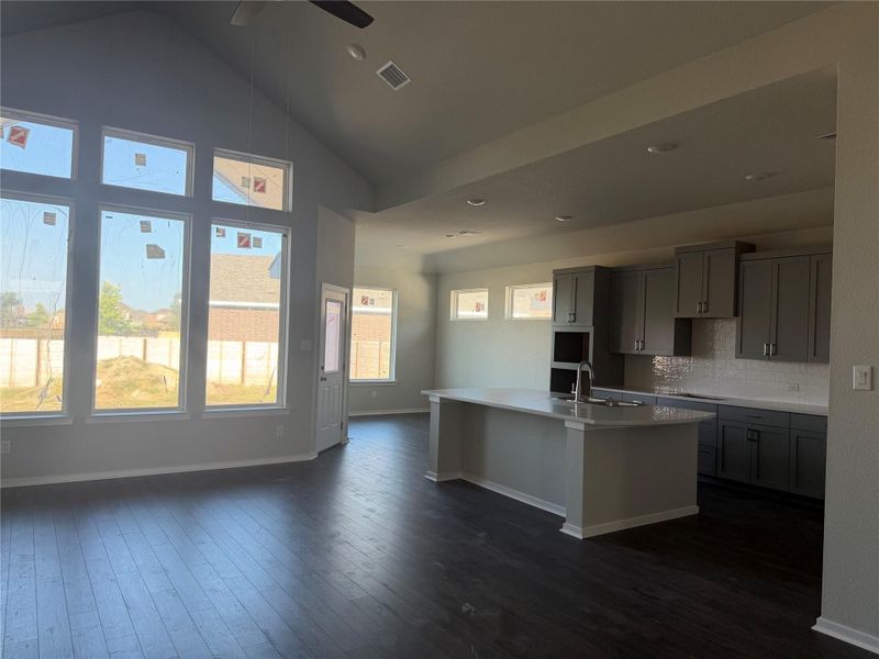 An open floor plan connects the vaulted-ceiling living area with a modern island kitchen.